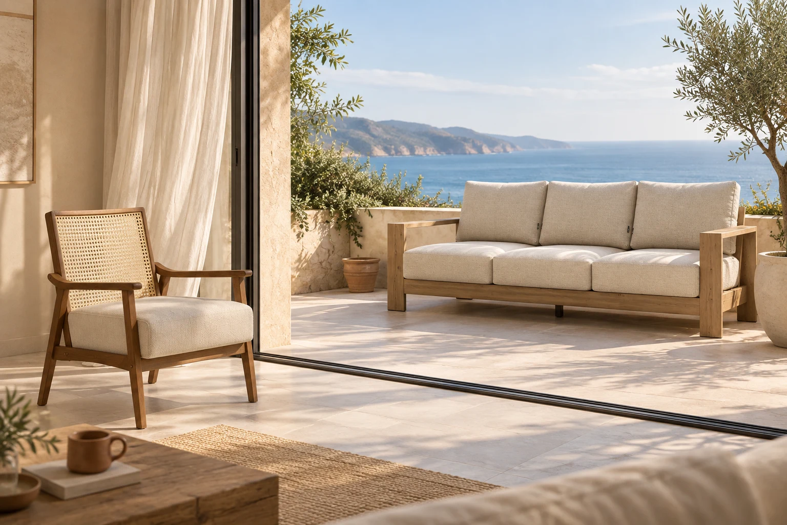 Mediterran inspiriertes Wohnzimmer mit Blick auf eine abgestimmte Terrasse