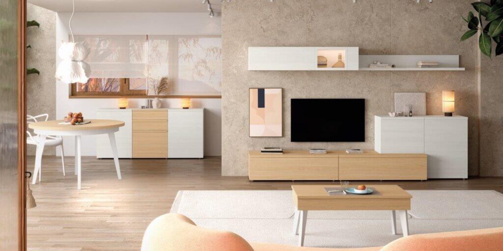Composición de salón clara con módulos de televisión y almacenaje