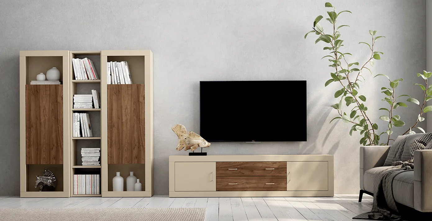 Mueble de televisión minimalista en blanco para salón luminoso