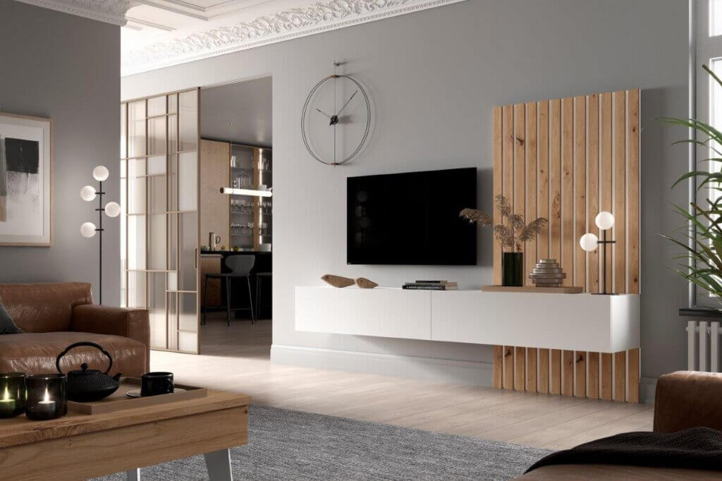 Salón moderno con mueble suspendido y detalles de madera