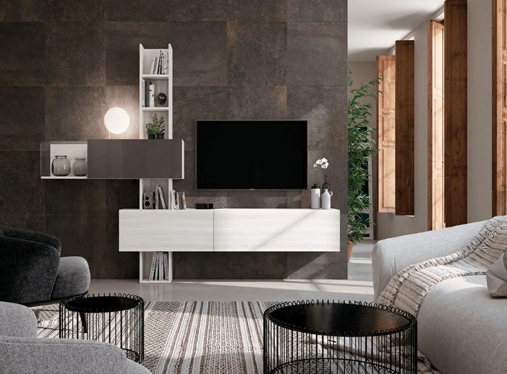 Salón de líneas elegantes con módulos oscuros y luz ambiental