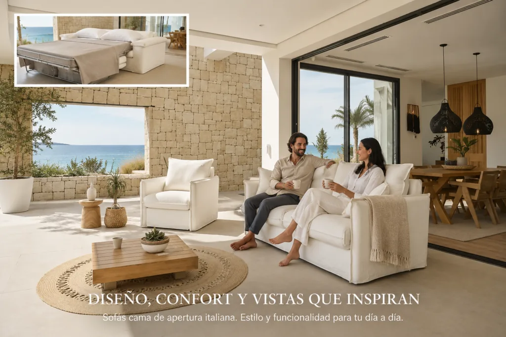 Salón luminoso con sofás cama y vistas al mar