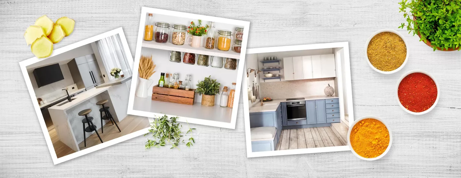 Composición de cocinas modernas con electrodomésticos integrados