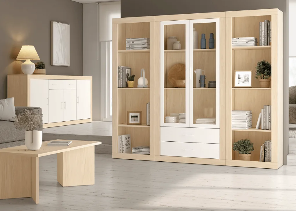 Vitrina y módulos de almacenaje en tonos madera y blanco