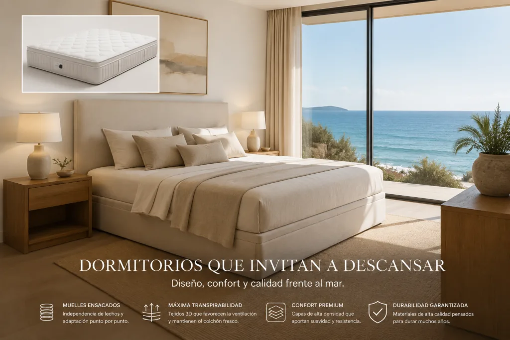 Dormitorio en tonos beige con colchón y vistas al mar