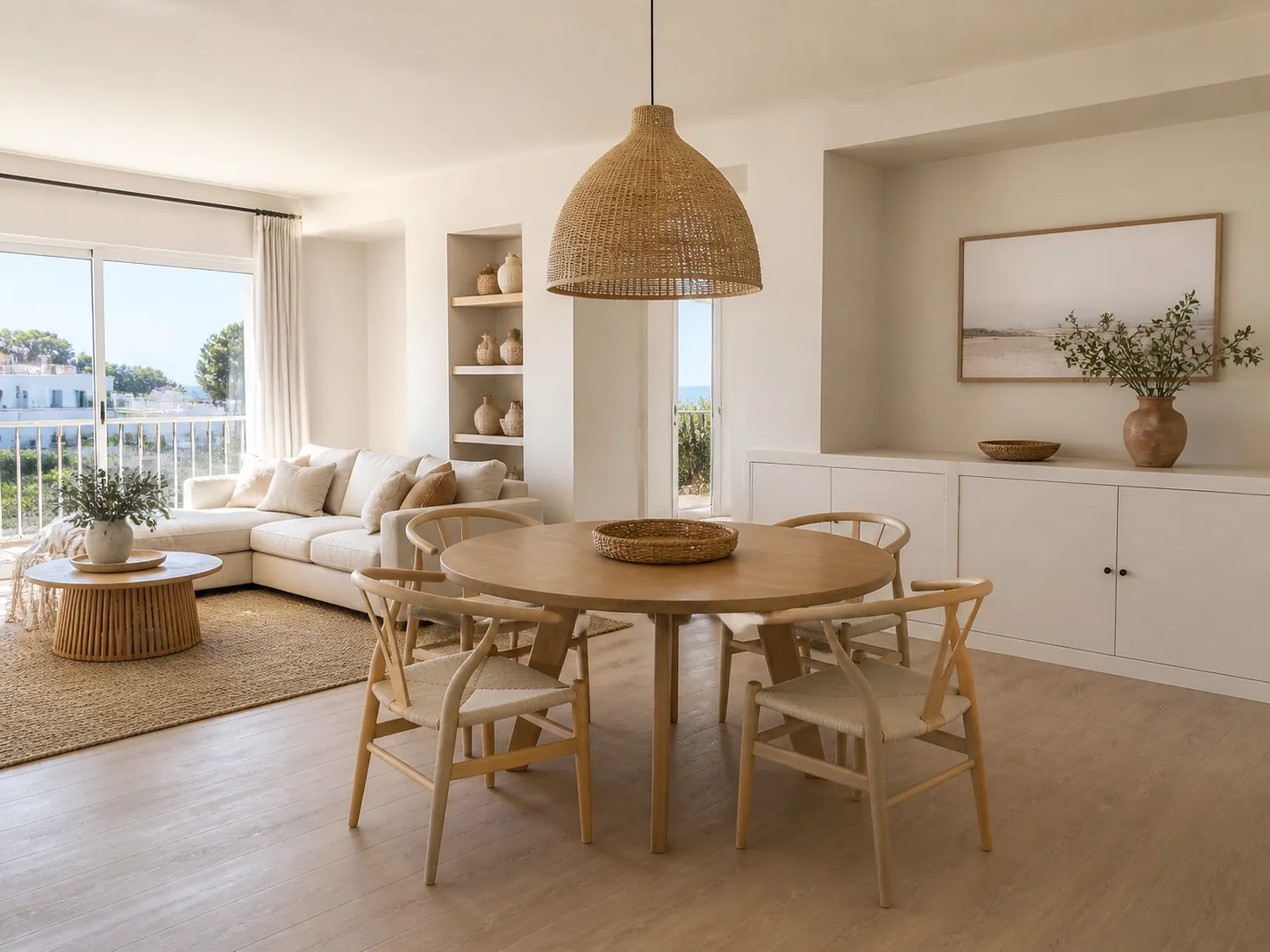 Salón comedor boho limpio y moderno para un piso pequeño