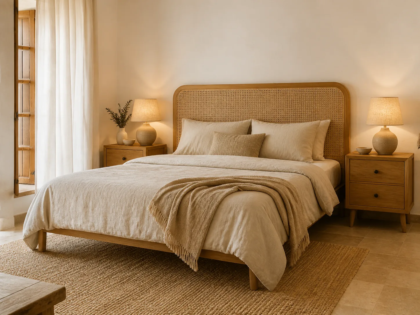 Dormitorio boho moderno con cabecero natural y textiles claros