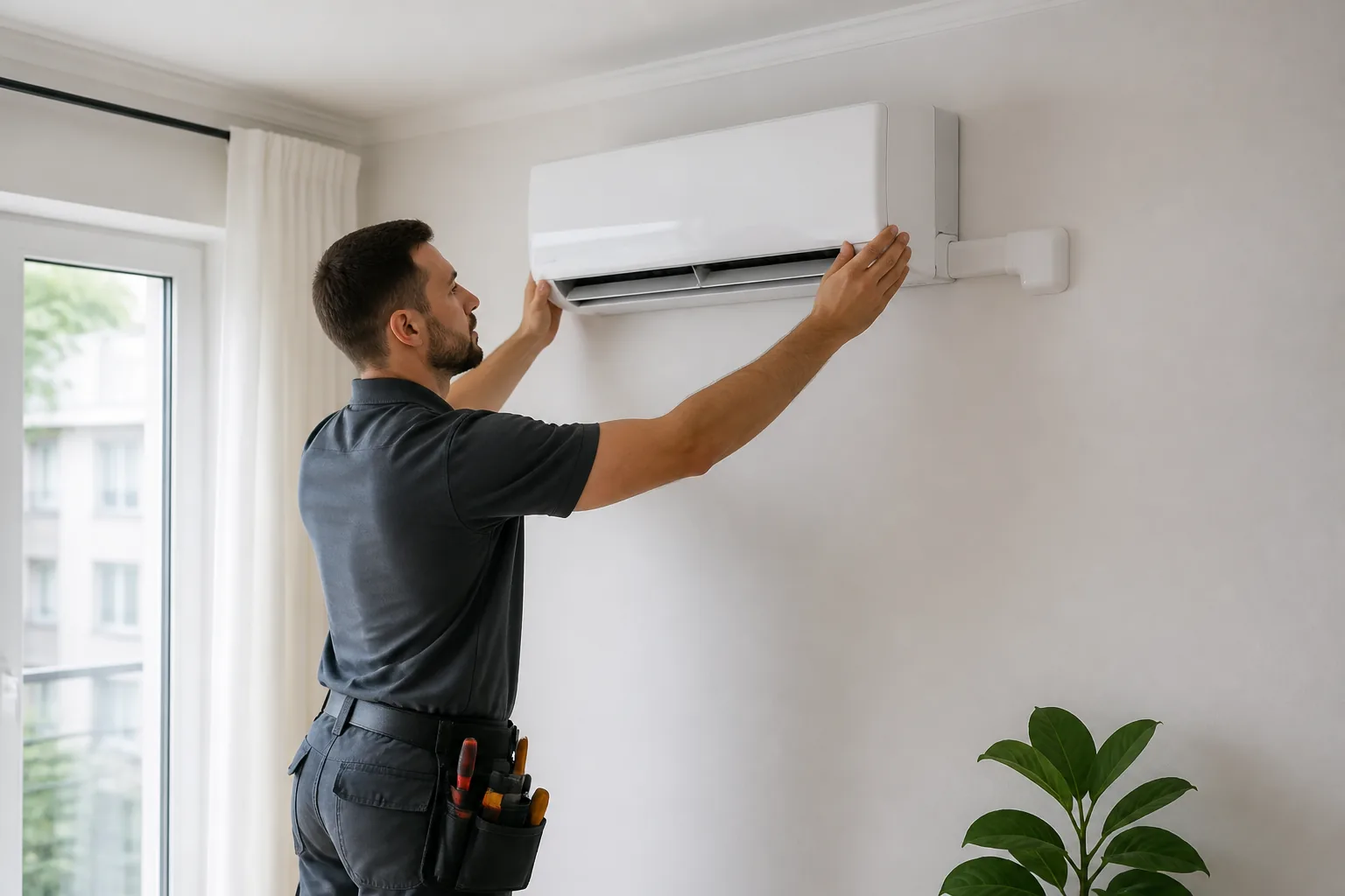 Profesional cualificado instalando una unidad interior de aire acondicionado