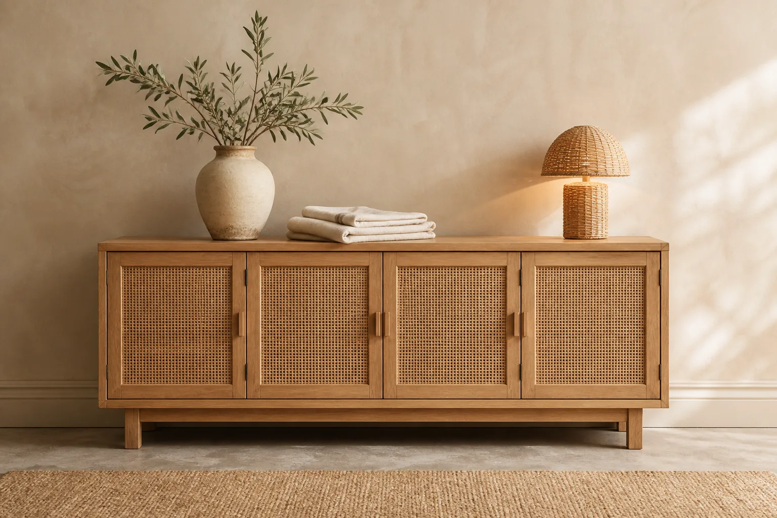 Mueble de madera y rejilla con decoración boho en tonos neutros
