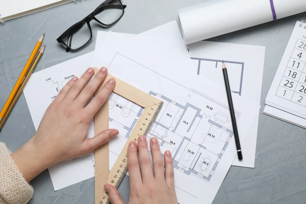 Hands reviewing a residential floor plan with a set square and pencil
