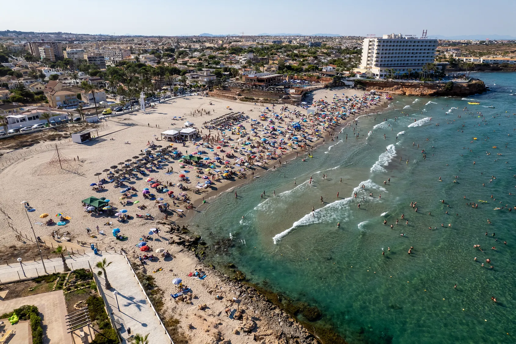 Aerial view of La Zenia beach in Orihuela Costa on a sunny day