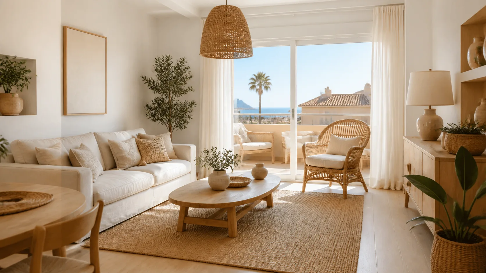 Salón moderno de estilo boho con madera, ratán y tonos naturales