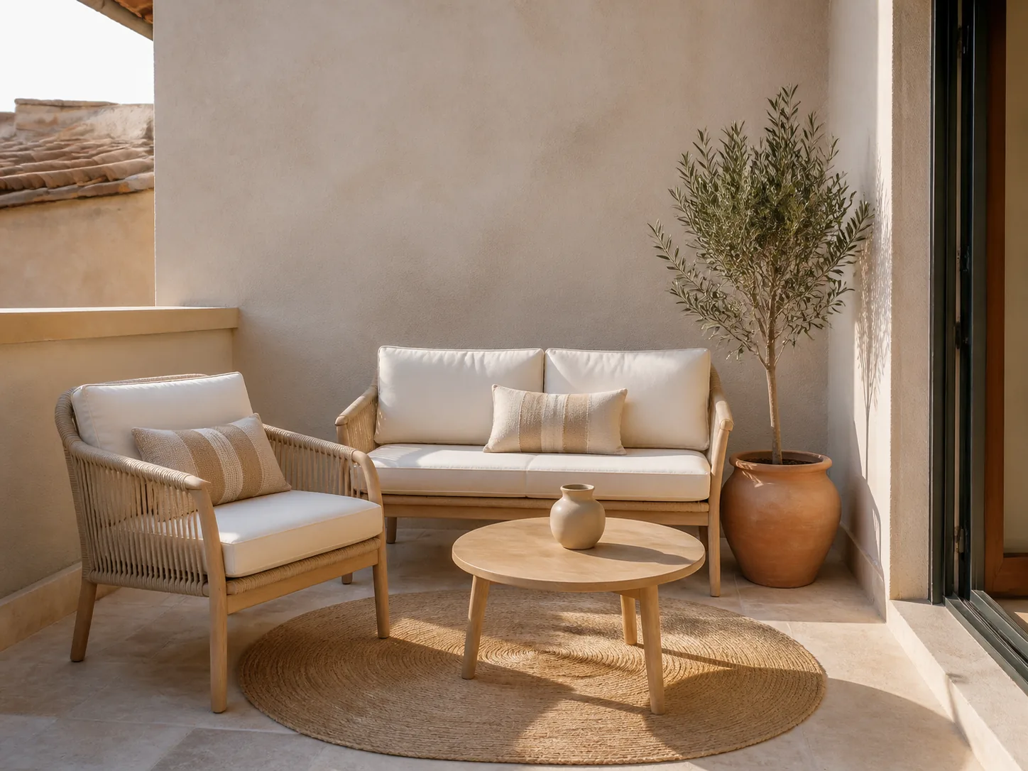 Terraza pequeña de estilo boho mediterráneo con tonos naturales