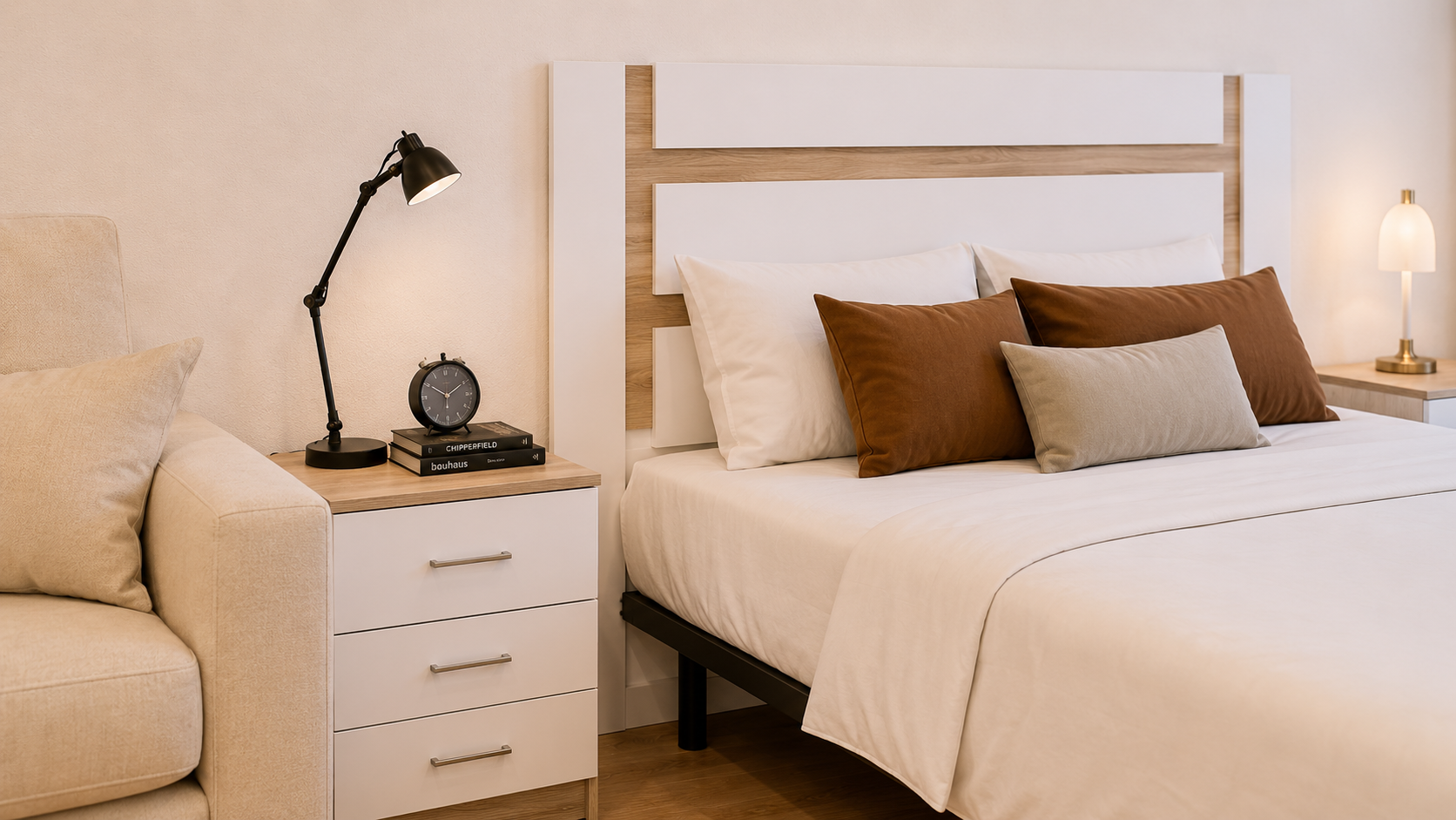 Basic studio — bed and bedside detail