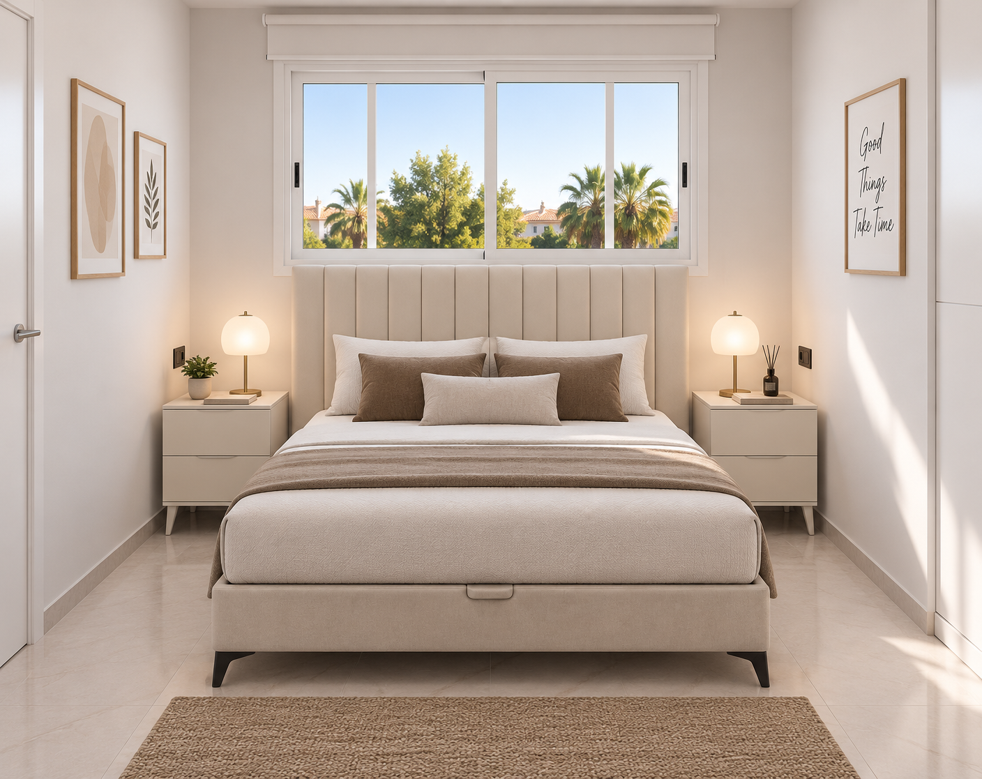 Ambiente ilustrativo de dormitorio Comfort con cama tapizada y mesitas coordinadas