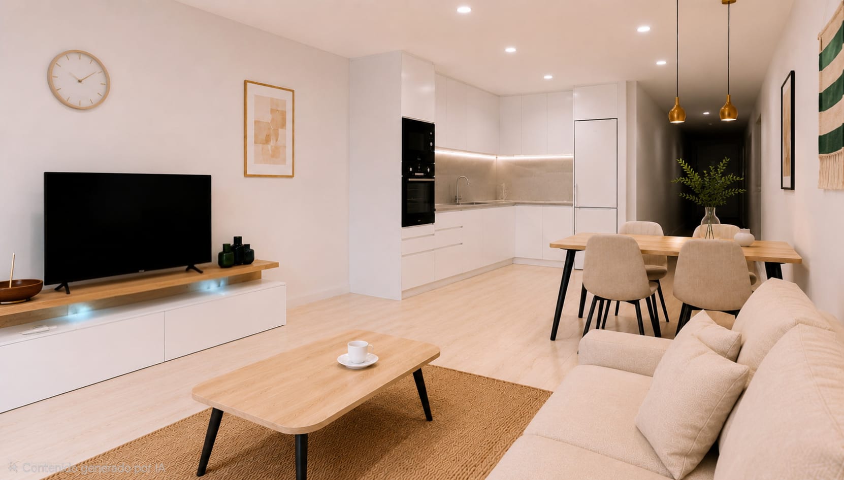 Essential living room — reverse view of the dining and television area