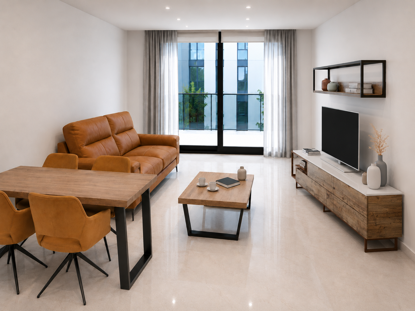 Premium living room — alternative finish — wood and caramel