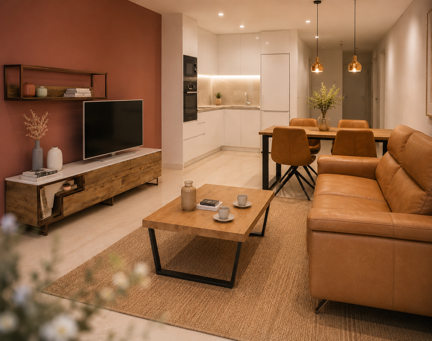 Premium living room — alternative finish — wood and caramel, reverse view