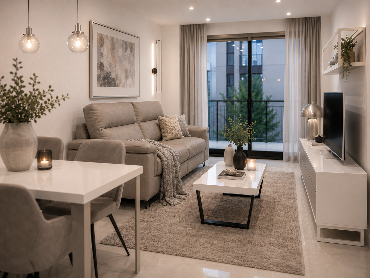 Ambiente ilustrativo de salón y comedor Premium con muebles coordinados