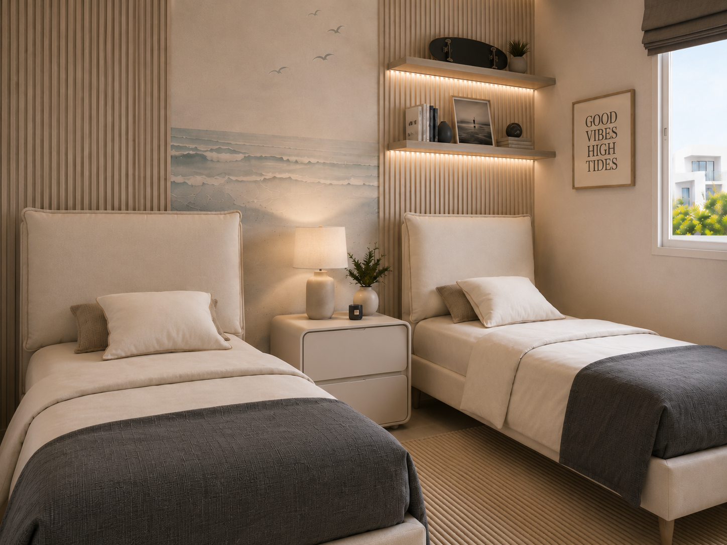 Premium twin bedroom — headboard detail